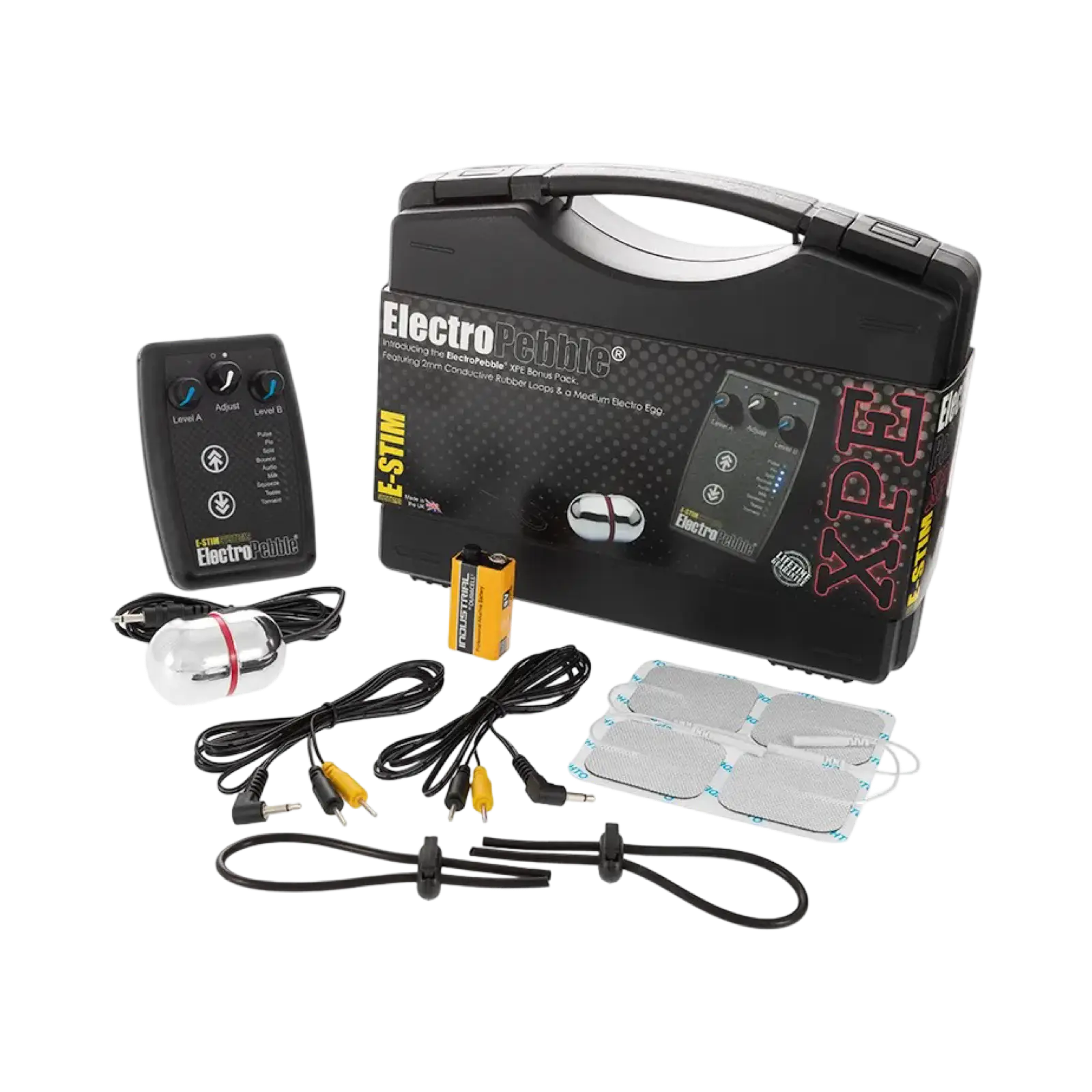 ElectroPebble XPE E-Stim powerbox set with powerbox, Medium Electro Egg and Conductive Rubber Loops.