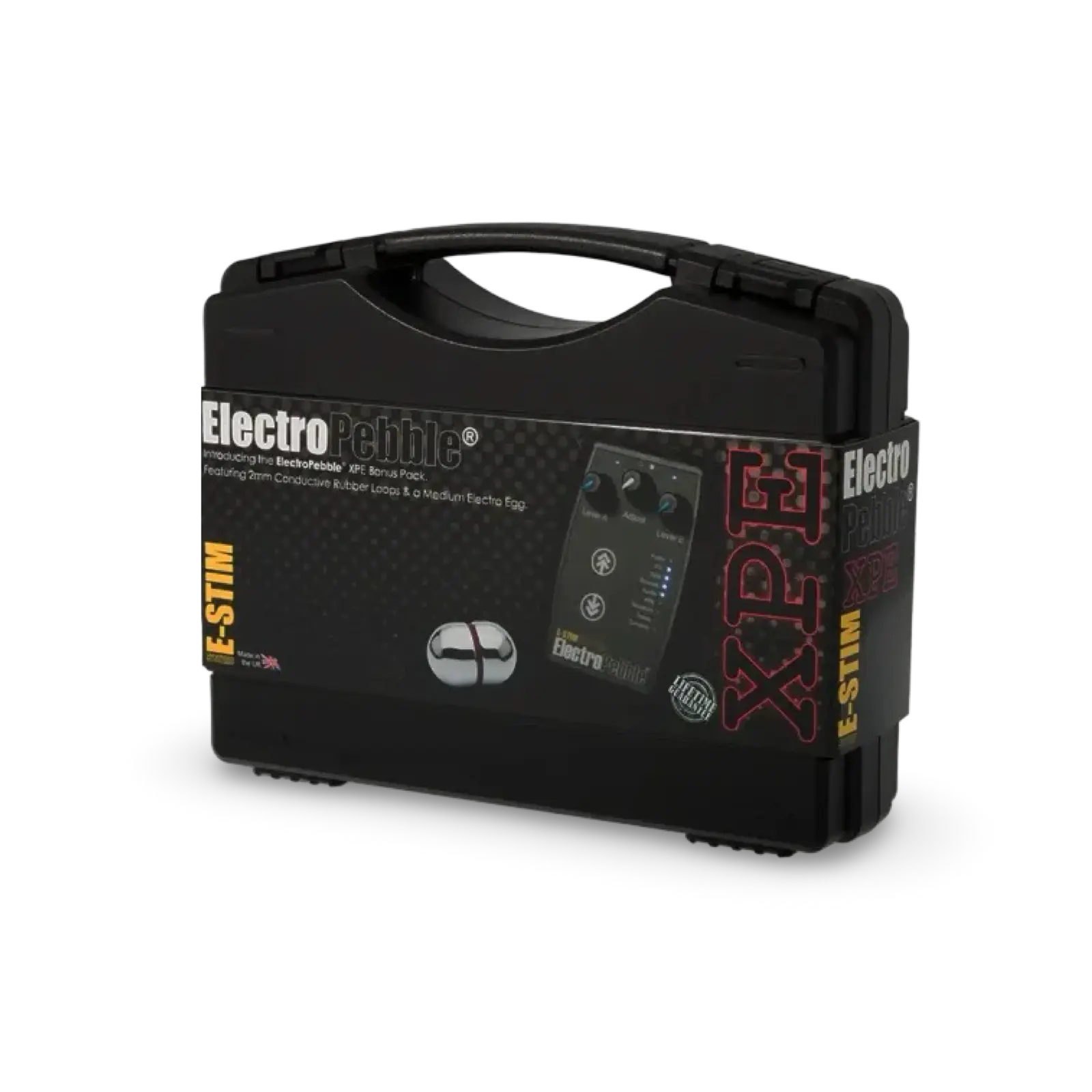 ElectroPebble XPE E-Stim powerbox set with powerbox, Medium Electro Egg and Conductive Rubber Loops.