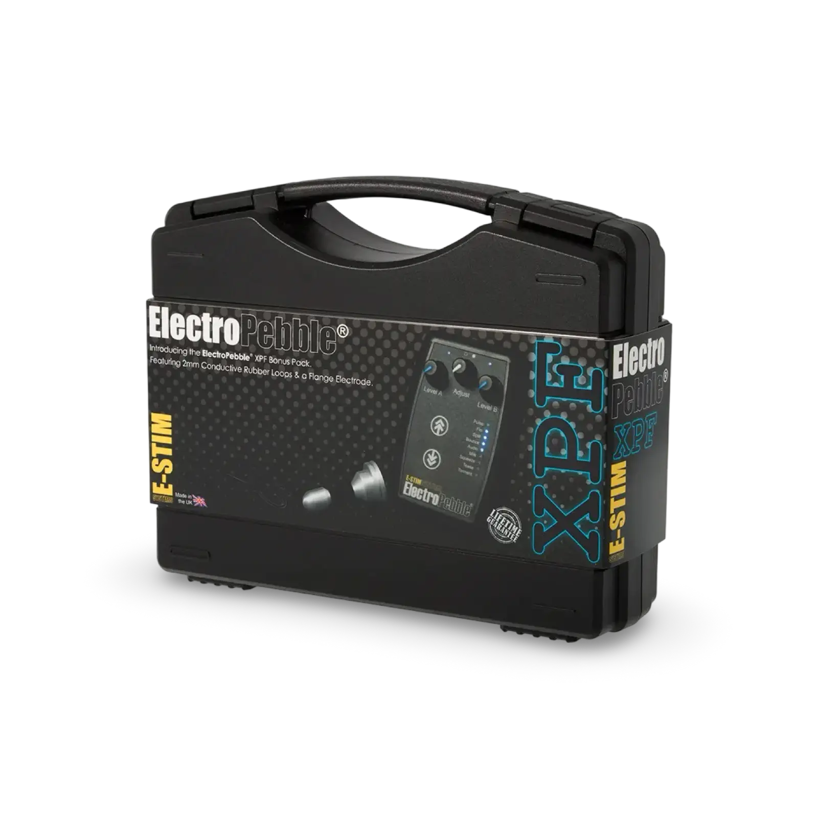 ElectroPebble XPF E-Stim Powerbox Set with Satin Flange Electrode and Conductive Rubber Loops.