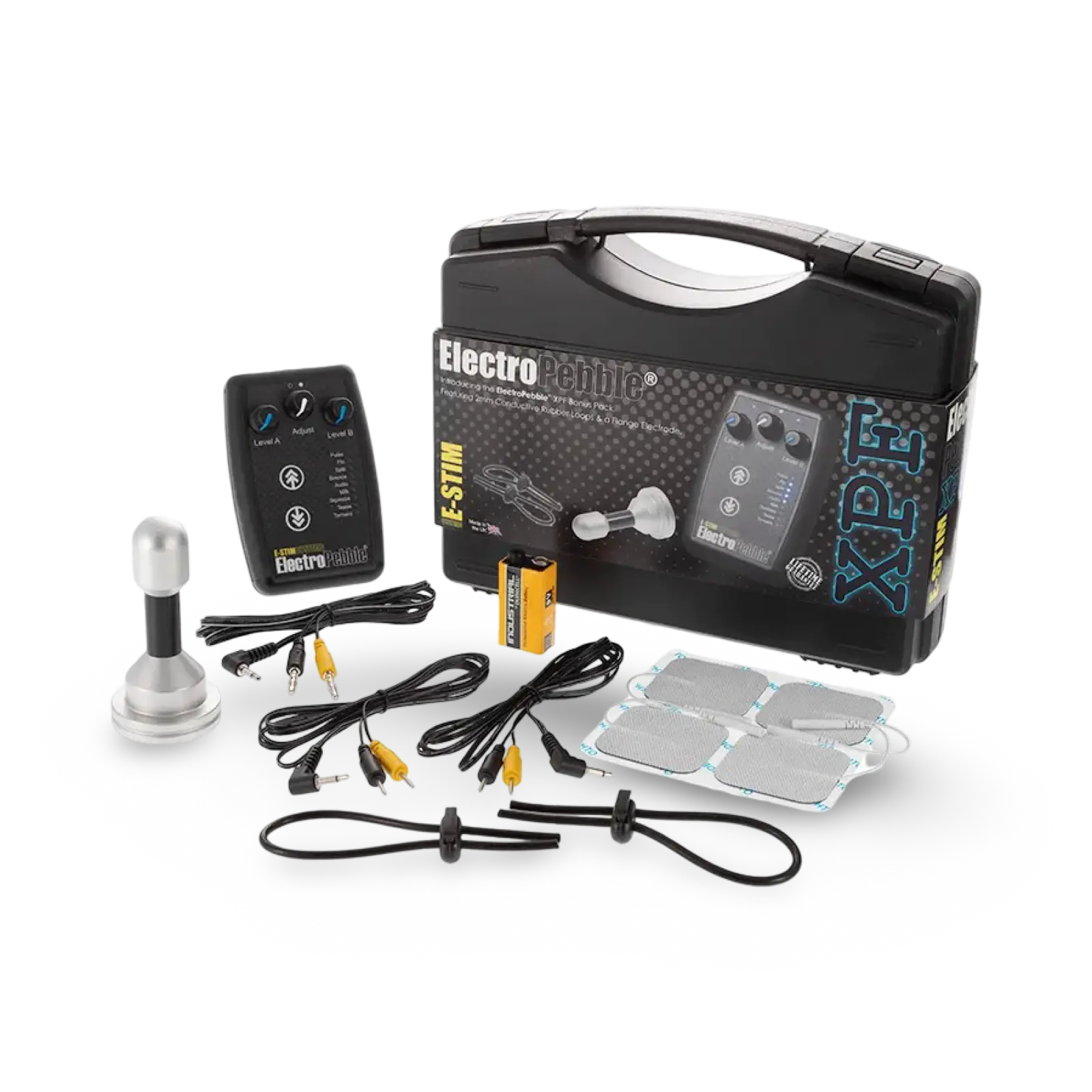 ElectroPebble XPF E-Stim Powerbox Set with Satin Flange Electrode and Conductive Rubber Loops.