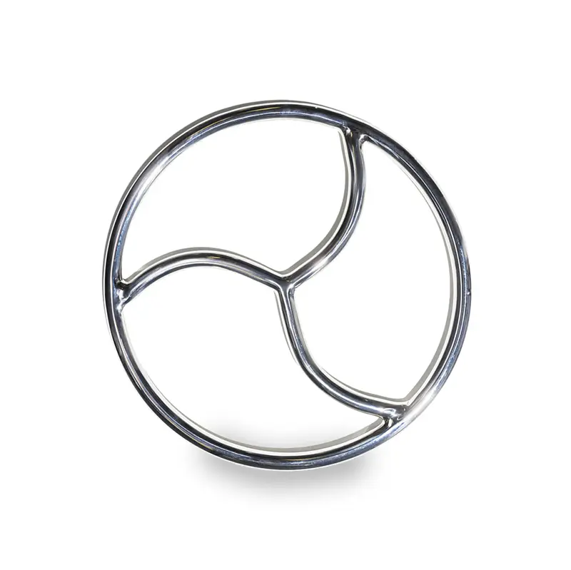 Polished stainless steel Triskele suspension ring with a diameter of 23 cm.