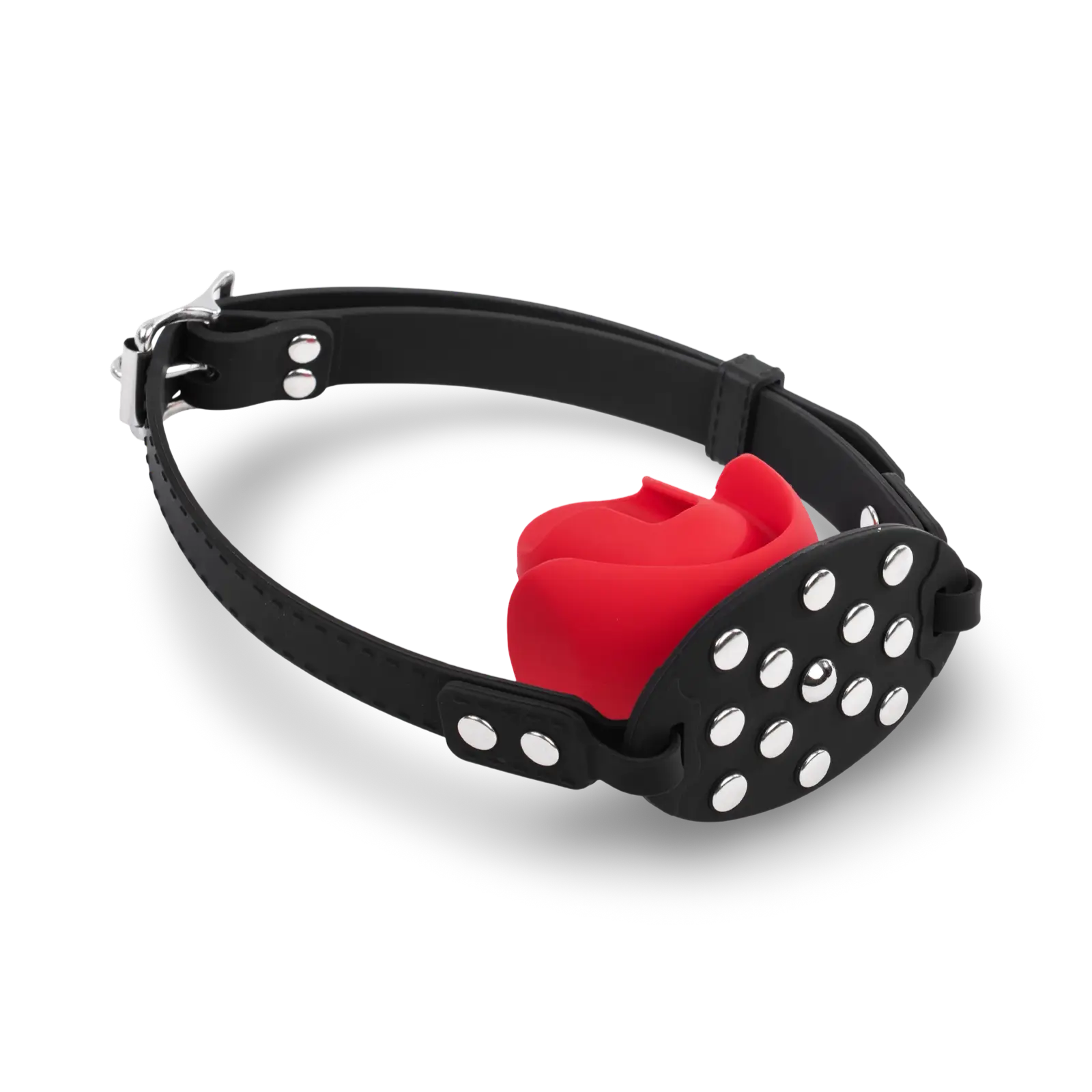 Bit gag with a red silicone mouthpiece and adjustable black strap.