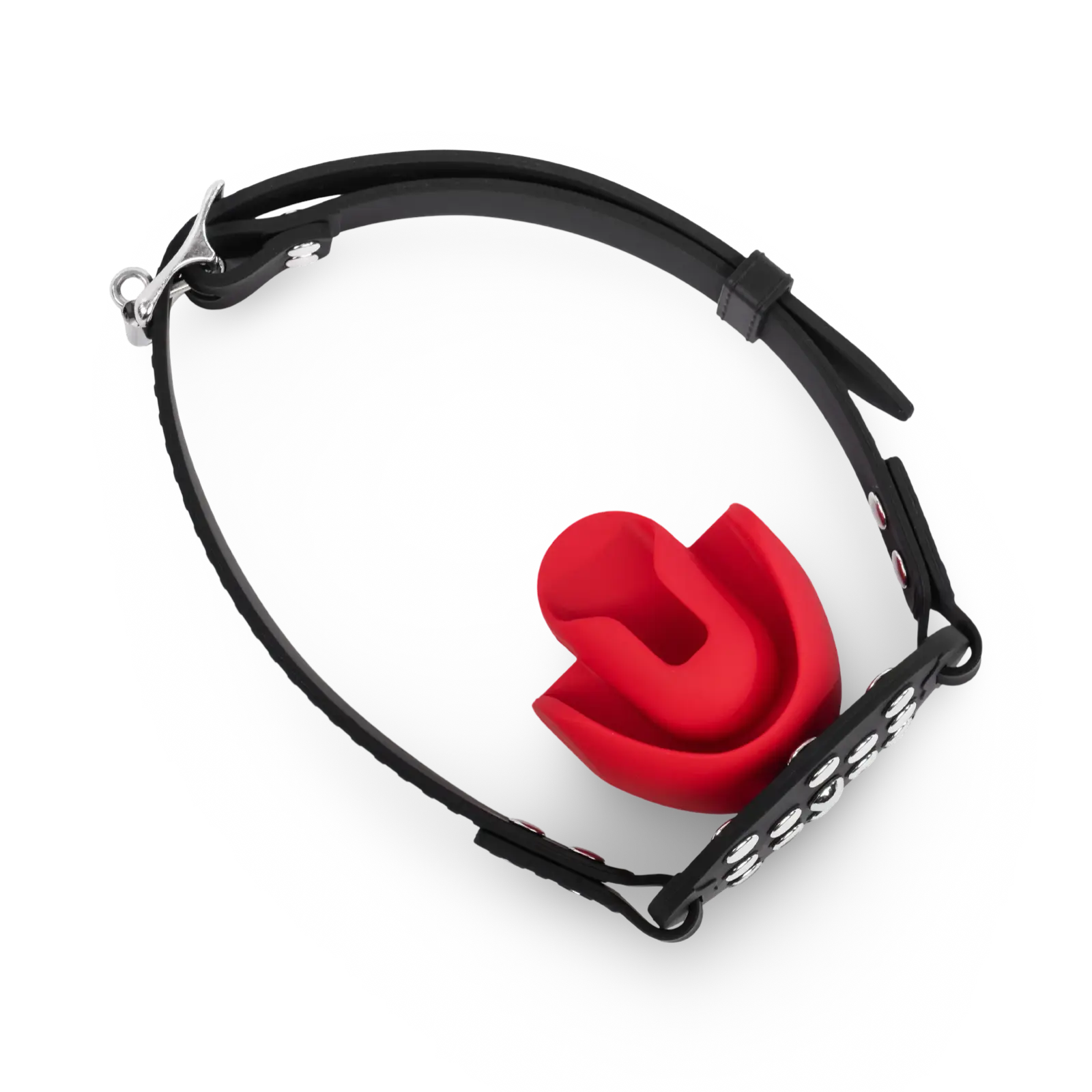 Bit gag with a red silicone mouthpiece and adjustable black strap.
