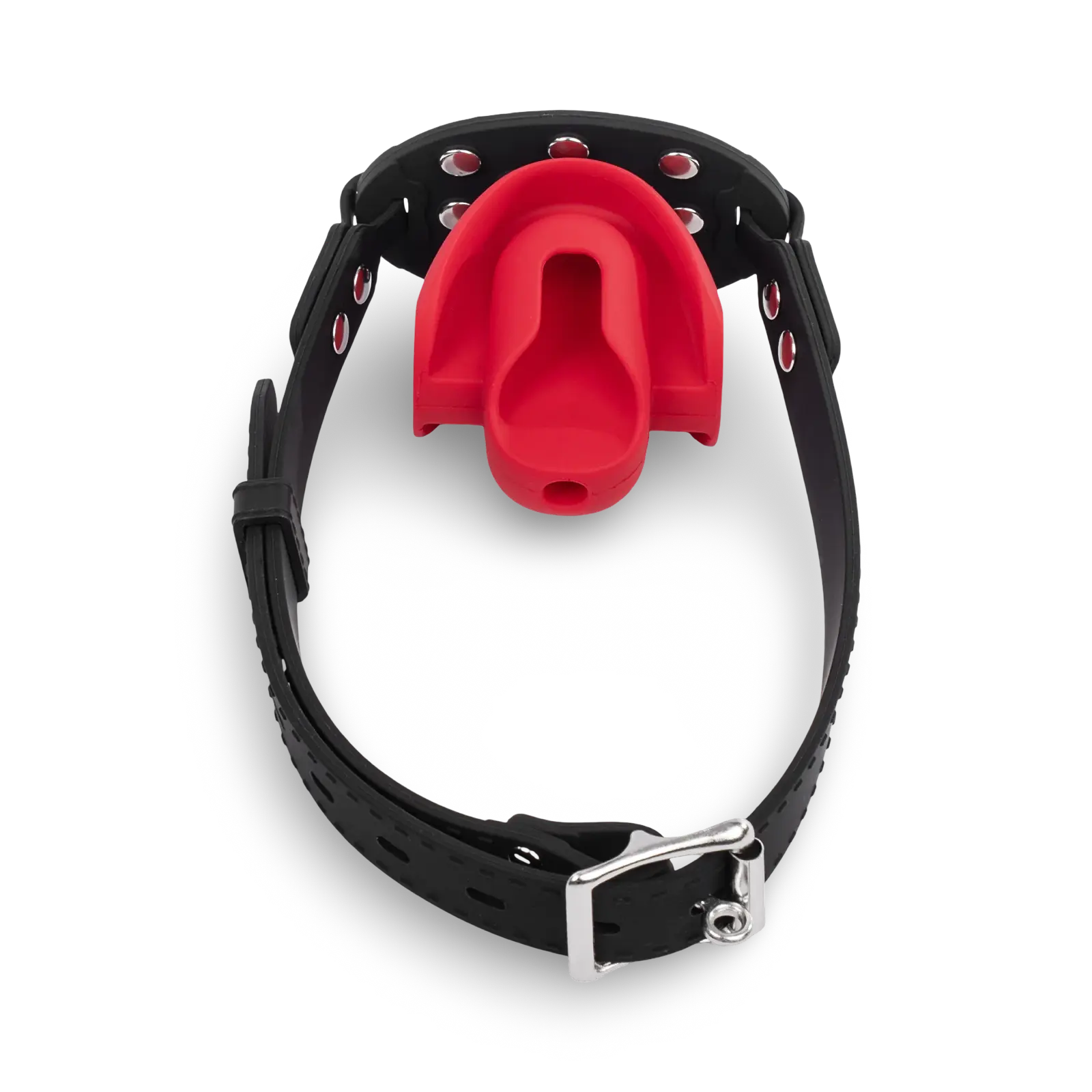 Bit gag with a red silicone mouthpiece and adjustable black strap.