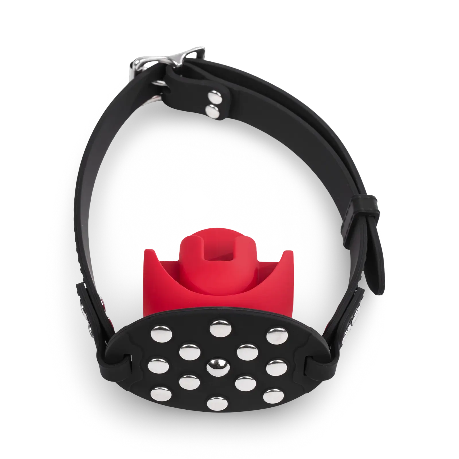Bit gag with a red silicone mouthpiece and adjustable black strap.