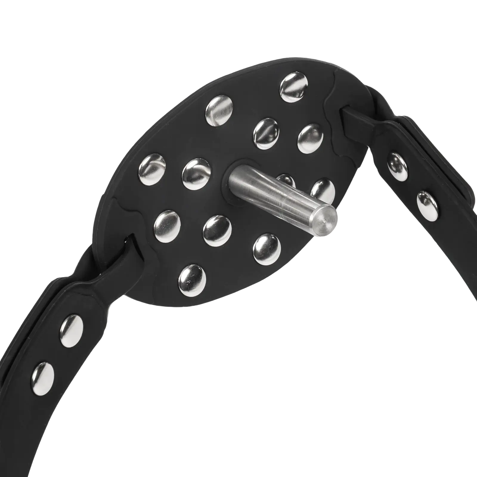 Bit gag with a red silicone mouthpiece and adjustable black strap.