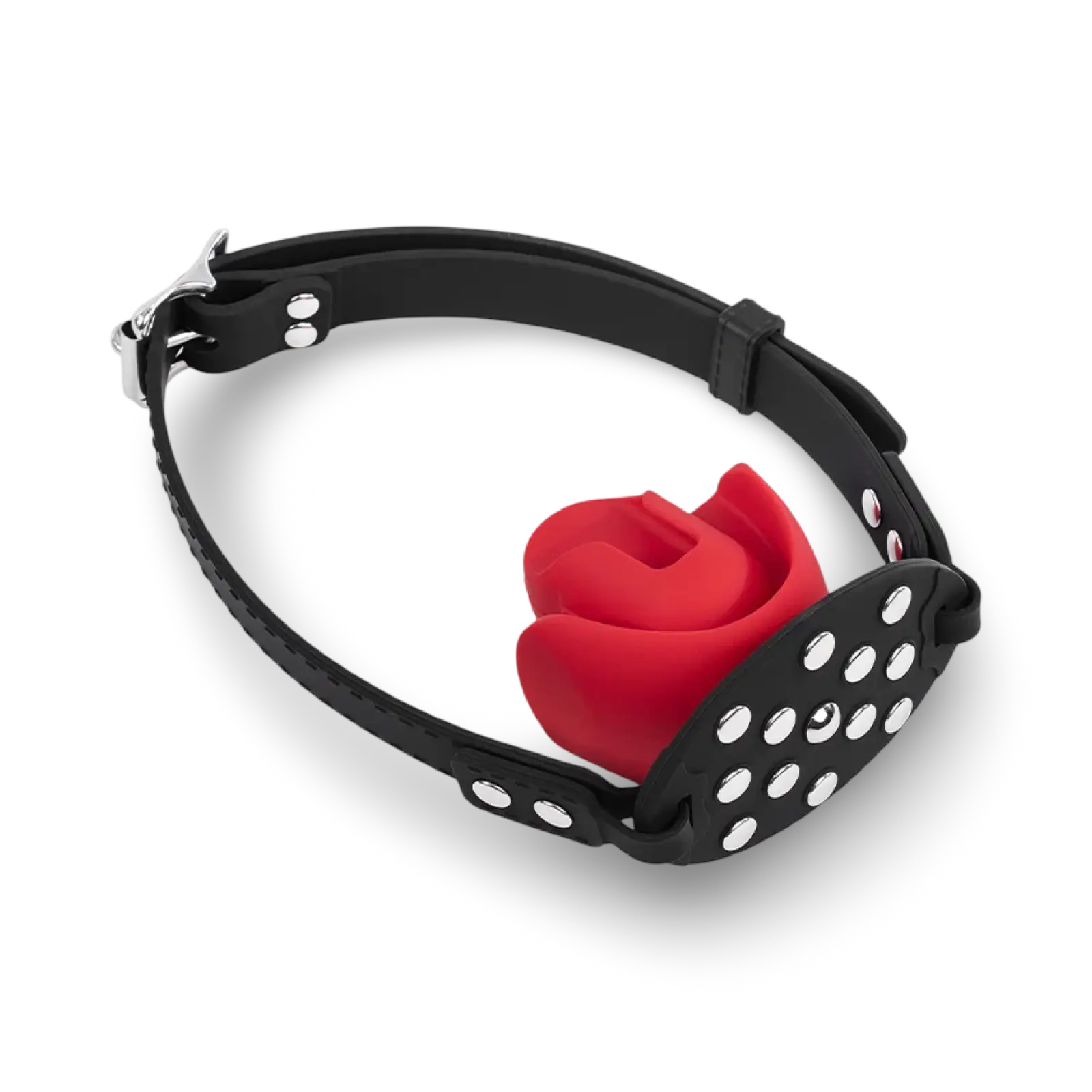 Bit gag with a red silicone mouthpiece and adjustable black strap.